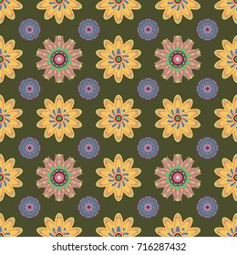 Cute Floral pattern in the small flower. Abstract flower seamless pattern background. Vector illustration. On green, yellow and orange background. Vector pattern.