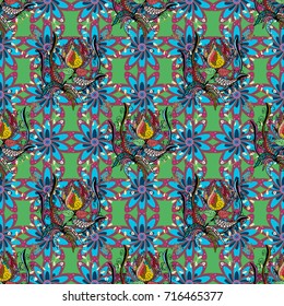 Cute Floral pattern in the small flower. Flowers on blue, purple and green colors. Vector illustration.