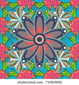 Cute Floral pattern in the small flower. Flowers on blue, violet and pink colors.