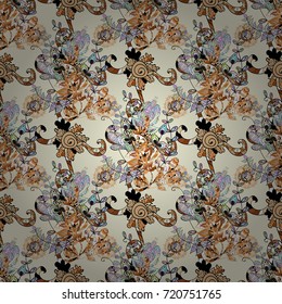 Cute floral pattern in the small flower. Abstract seamless pattern on neutral, beige and black colors with bright flowers. Elegant vector texture with floral elements.