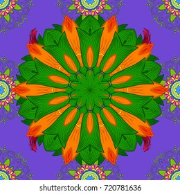 Cute floral pattern in the small flower. Abstract seamless pattern on green, violet and orange colors with bright flowers. Elegant vector texture with floral elements.