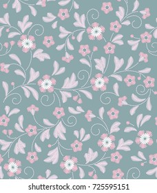 Cute floral pattern in the small flower. Embroidery Print. Seamless vector texture. Elegant template for fashion prints. Printing with small pink flowers. Light gray background.