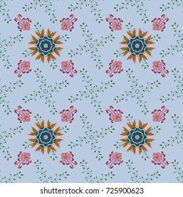 Cute Floral pattern in the small flower. Flowers on neutral, blue and brown colors. Vector illustration.