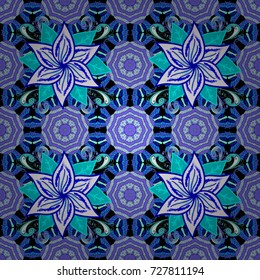 Cute Floral pattern in the small flower. Flowers on blue, violet and black colors. Vector illustration.