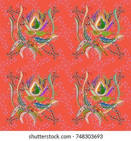 Cute Floral pattern in the small flower. Vari-color orange, pink and green vector seamless illustration. Tropical seamless pattern with many orange, pink and green abstract flowers.