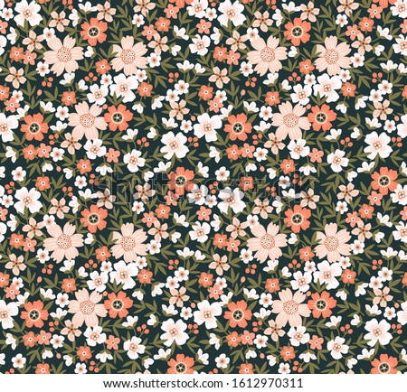 Cute floral pattern in the small flower. Ditsy print. Seamless vector texture. Elegant template for fashion prints. Printing with small pale pink flowers.  Dark background.