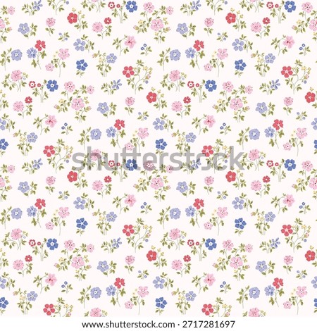 Cute Floral pattern in the small flower. Floral ditsy print. Gentle flower seamless pattern. Pretty mini plant on blue field. Botanical design textile texture. Tiny colorful flowers on light background