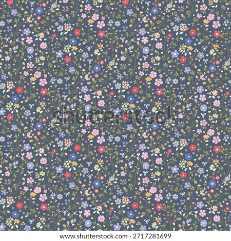 Cute Floral pattern in the small flower. Floral ditsy print. Gentle flower seamless pattern. Pretty mini plants on blue field. Botanical design textile texture. Tiny colorful flowers on blue background, design for fashion, fabric, wallpaper, wrapping 