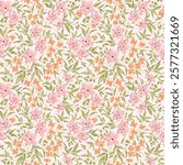 Cute floral pattern in the small flowers. Ditsy print. Motifs scattered random. Seamless vector texture. Gentle template for fashion prints. Printing with small pink flowers. White background.