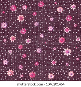 Cute floral pattern with small flowers and circles. The motives are scattered randomly. Seamless vector texture. Elegant template for fashion prints. Print with very small pink flowers. Claret backgro