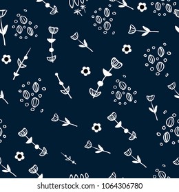 Cute Floral pattern of small flowers. Ditsy print. Seamless vector texture. Elegant template for fashion prints. Very small white flowers on dark background. Summer background with the plant design in