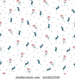 Cute floral pattern of small flowers seamless, wrapping paper, wall art surface design, Pretty flowers on white background, Vector illustration, Floral simple minimalist.