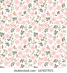 Frische Blumenmuster in den kleinen Blumen. Ditsy-Druck. Nahtlose Textur der Vektorillustration. Elegante Vorlage für Modedrucke. Drucken mit kleinen rosa Blumen. Weißer Hintergrund.