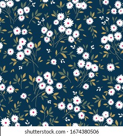 Cute floral pattern in the small flowers. Ditsy print. Seamless vector texture. Elegant template for fashion prints. Printing with small white flowers. Dark blue background.