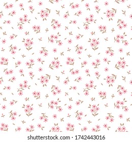 Cute floral pattern in the small flowers. Ditsy print. Seamless vector texture. Elegant template for fashion prints. Printing with small pink flowers. White background.