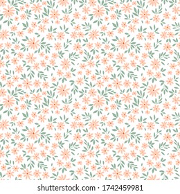 Cute floral pattern in the small flowers. Ditsy print. Seamless vector texture. Elegant template for fashion prints. Printing with small pale orange flowers. White background.