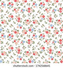 Patrón floral lindo en las flores pequeñas. Impresión Ditsy. Los motivos se dispersaron al azar. Textura vectorial sin inconvenientes. Elegante plantilla para impresiones de moda. Impresión con flores rosadas pequeñas.  Fondo blanco.