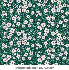 Cute floral pattern in the small flowers. Ditsy print. Seamless vector texture. Elegant template for fashion prints. Printing with small white flowers. Dark green background.