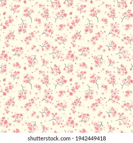 Cute floral pattern in the small flowers. Seamless vector texture. Elegant template for fashion prints. Printing with small coral pink flowers. White background. Stock.