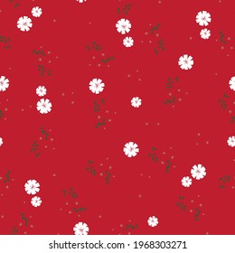 Cute Floral pattern of small flowers seamless ditsy flower pattern with dark red backgorund