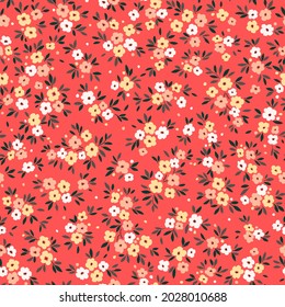 Cute floral pattern in the small flowers. Seamless vector texture. Elegant template for fashion prints. Printing with small white and yellow flowers. Red background.