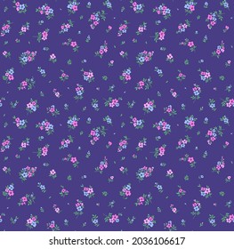 Cute floral pattern in the small flowers. Seamless vector texture. Elegant template for fashion prints. Printing with small pink and purple flowers. Blue violet background.