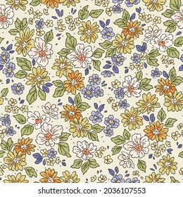 Cute floral pattern in the small flowers. Seamless vector texture. Elegant template for fashion prints. Printing with small orange and yellow flowers. White background.