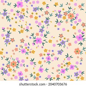 Cute floral pattern in the small flowers. Seamless vector texture. Elegant template for fashion prints. Printing with small colorful flowers. White ivory background.