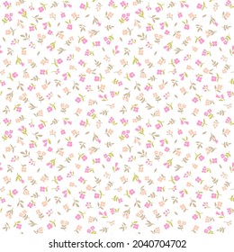 Patrón floral lindo en las flores pequeñas. Textura vectorial sin inconvenientes. Elegante plantilla para impresiones de moda. Impresión con flores rosadas y coralinas. Fondo blanco.