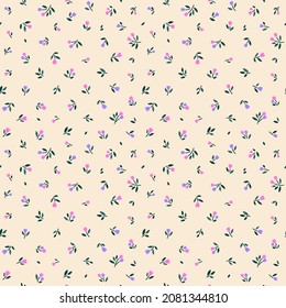 Cute floral pattern in the small flowers. Seamless vector texture. Elegant template for fashion prints. Printing with small pink and lilac flowers. White ivory background.