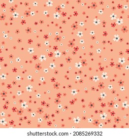 Cute floral pattern in the small flowers. Seamless vector texture. Elegant template for fashion prints. Printing with small white and coral flowers. Salmon color background.