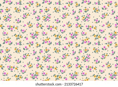 Cute floral pattern in the small flowers. Seamless vector texture. Elegant template for fashion prints. Printing with small yellow and pink flowers. Ivory background.