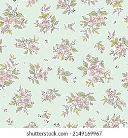 Cute floral pattern in the small flowers. Seamless vector texture. Elegant template for fashion prints. Printing with small pink rose flowers. Pale blue background.