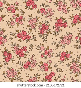 Cute floral pattern in the small flowers. Seamless vector texture. Vintage template for fashion prints. Printing with small pink flowers. Beige background. Stock vector for prints on surface.