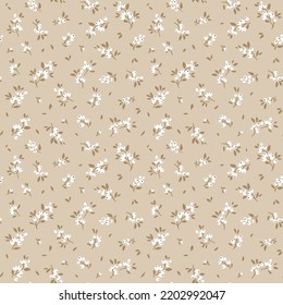 Cute floral pattern in the small flowers. Seamless vector texture. Elegant template for fashion prints. Print with small white flowers. Light beige background.