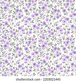 Cute floral pattern in the small flowers. Seamless vector texture. Elegant template for fashion prints. Printing with small lilac purple flowers. White background.