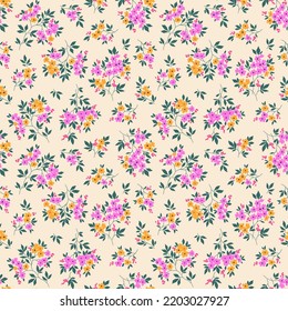 Cute floral pattern in the small flowers. Seamless vector texture. Ditsy template for fashion prints. Illustration with small pink and yellow flowers. White background.