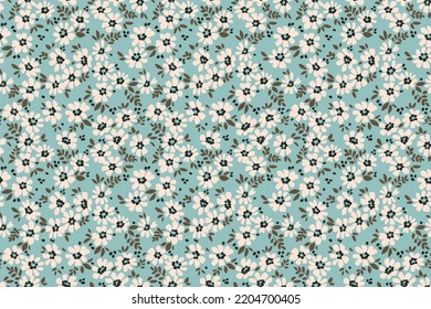 Cute floral pattern in the small flowers. Seamless vector texture. Elegant template for fashion prints. Printing with small white flowers. Light blue background.