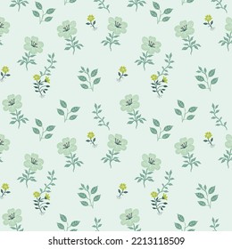 Cute floral pattern in the small flowers. Seamless vector texture. Elegant template for fashion prints. Printing with small green flowers. Light green background. Stock.