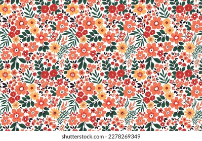 Cute floral pattern. Small flowers and leaves. Beige background. Ditsy print. Floral seamless background. The elegant the template for fashion prints. Stock pattern.