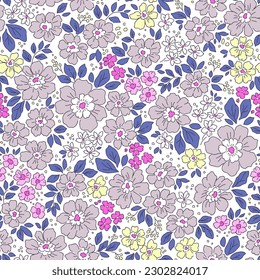 Cute floral pattern in small flowers and leaves. Delicate lilac flowers. White background. Liberty retro print. Floral seamless background. Elegant template for fashion prints. Stock pattern.