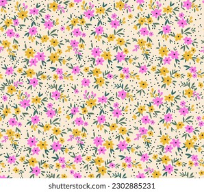 Cute floral pattern in the small flowers. Seamless vector texture. Retro template for fashion prints. Printing with small yellow and pink flowers. White background. Stock print.