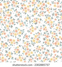 Cute floral pattern in small flowers. Delicate orange and yellow flowers. White background. Liberty print. Floral seamless background. Trendy template for fashion prints. Stock vector pattern.