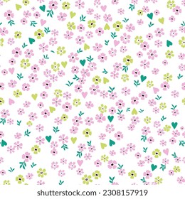 Cute floral pattern of small flowers and green and light green hearts. Seamless vector texture. An elegant template for fashionable prints. Very small pink flowers on a white background.