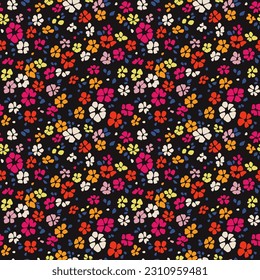 Cute floral pattern in the small flowers. Seamless vector texture. Elegant template for fashion prints. Printing with small colorful flowers. Black background. Stock print.