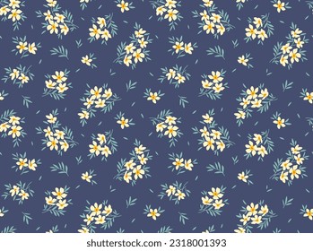 Cute floral pattern in small flowers. Small yellow flowers. Dark blue background. Ditsy print. Floral seamless background. Liberty template for fashion prints. Stock pattern.