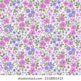 Cute floral pattern in small flowers. Small lilac flowers. White background. Ditsy print. Floral seamless background. Liberty template for fashion prints. Stock pattern.