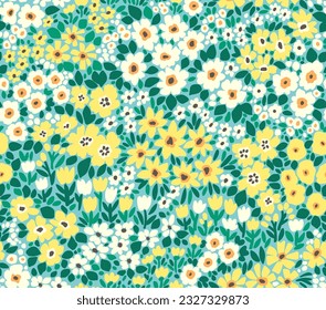 Cute floral pattern in the small flowers. Seamless vector texture. Delicate template for fashion prints. Printing with small yellow and white flowers.  Emerald green background. Stock print.