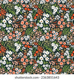 Cute floral pattern in small flowers and leaves. Delicate orange and white flowers. Black background. Liberty retro print. Floral seamless background. Elegant template for fashion prints. Stock