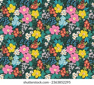 Cute floral pattern in small flowers and leaves. Delicate colorful flowers. Black background. Liberty retro print. Floral seamless background. Elegant template for fashion prints. Stock pattern.